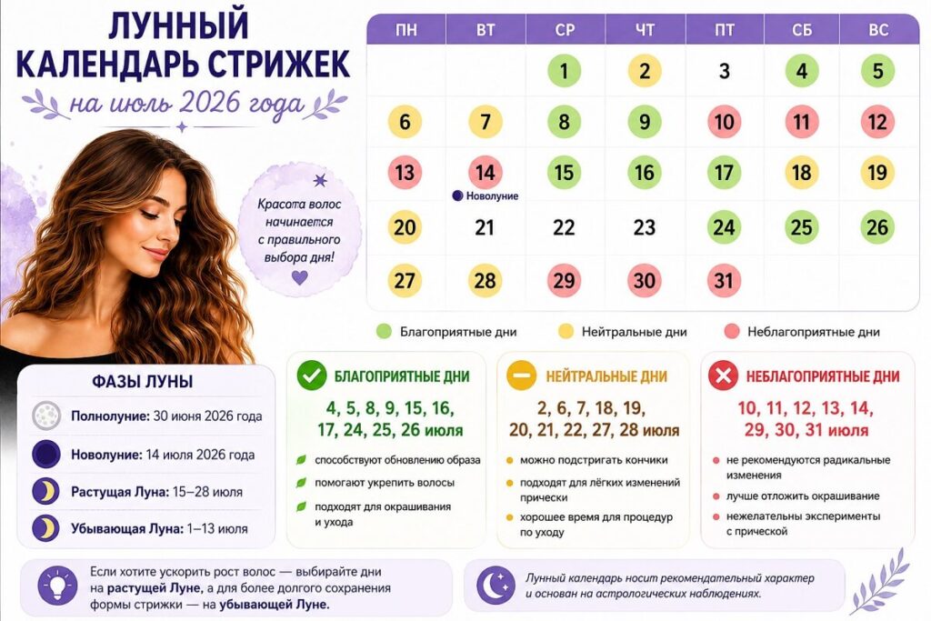 Лунный календарь стрижек на июль 2026 года