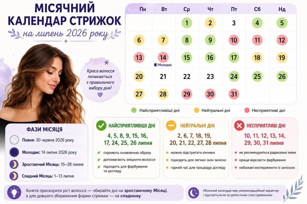 Місячний календар стрижок на липень 2026